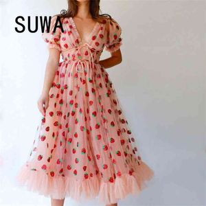 Sweet Girl Summer Dresses Vintage Short Sleeve Deep V Neck A-Line Midi Kvinnor Ankomst Partihandel Kläder 210525