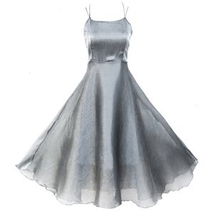 Silver Gray Strap Sleeveless O Neck Backless Cross Fit And Flare Summer Midi Dress Beach D0590 210514