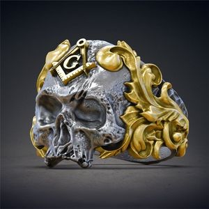 Retro Antik silverskelett Skull Head Freemason Masons Signet Rings rostfritt stål Punk Ancient Masonic herrgotiska smycken