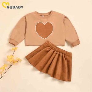 2-7Y Toddler Kid Children Girls Clothes Set Heart Print Long Sleeve Sweatshirt Ruffles Skirts Child Costumes Outfits 210515