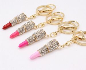 Charm Crystal Keychain Lipstick Key Holder Rhinestone Keyring Red Rose Pendant Car Ornament Accessories Women Jewelry DHL Ship