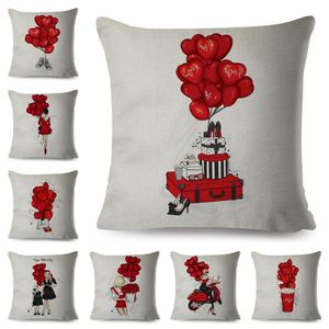 Love You Cute Cartoon Girl Print Pillowcase Decor Red Balloon Pillow Case For Sofa Home Kids Room Linen Cushion Cover 45X45cm Cushion/Decora