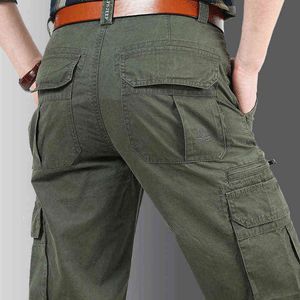 2021 Spring And Autumn Men's Middle-aged Casual Multi Bag Pants Tooling Straight Tube Pure Cotton Outdoor Sports Loose Large H1223