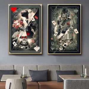 Funny Monkey Couple with Playing Cards Posters and Prints Abstract Animal Art Canvas Paintings Wall Art Pictures for Living Room Home Decor (No Frame)