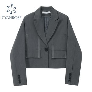 Feminino Blazer Curto Jaqueta Cinza Single Botão V-Pescoço Pocket Streetwear Casaco Feminino Elegante Coreano Casual Ol Colheita Outerwear 210417