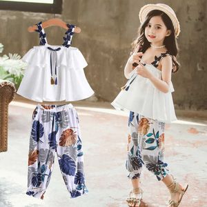 Set di vestiti per ragazze Kids Fashion Girl 2020 Bretelle in chiffon + Pantaloni floreali 2 pezzi / Abiti Abiti estivi per ragazze 4 6 8 10 12 anni X0902