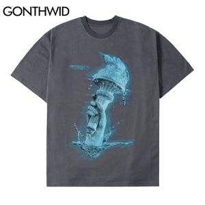 T-shirt Casual Uomo Hip Hop Torcia a mano Statua Stampa Manica corta Magliette Cotone sciolto Harajuku Streetwear Moda Top 210602