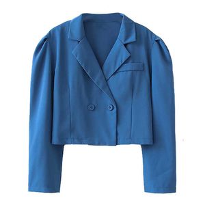 Blazer corto da donna estivo da ufficio. Manica a sbuffo, colletto dentellato, doppio petto, giacca casual da donna allentata blu 210604