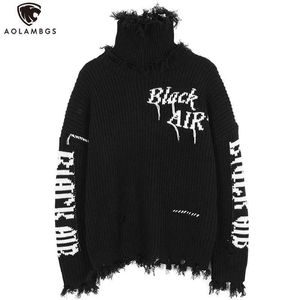 Aolamegs Men Brev Stickad Tassel Svart Turtleneck Tröja för vinter Varm Oversize Mysig Hip Hop High Street Punk Cool Pullover 211014