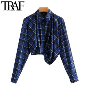 TRAF Women Fashion With Knot Cropped Check Blouses Vintage Long Sleeve Side Zipper Female Shirts Blusas Chic Tops 210415