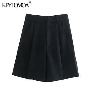 Kvinnor Chic Mode Side Fickor Pläterad Bermuda Shorts Vintage High Waist Zipper Fly Kvinna Kort Byxor Mujer 210416