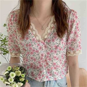 Streetwear Yaz V Yaka Gevşek Uydurma Tatlı Lady OL Şifon Kızlar Florals Kısa Kollu Gömlek Tops 210525