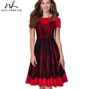 Nice-forever Elegant Black Lace Patchwork Dresses Celebrity Party Women Flared Dress A022 210419