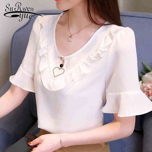 Tops de manga curta feminina moda verão chiffon camisa blusa doce branco beading roupas blusas 0048 30 210521