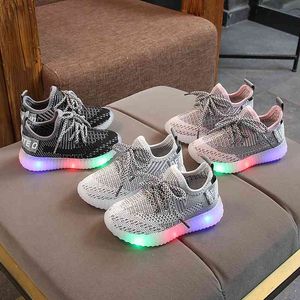 Spring Autumn Kids Shoes Sneakers Breathable Running Boys Girls Shoes Mixed Color Knitted Children Led Shoes Rubber Sole 210713
