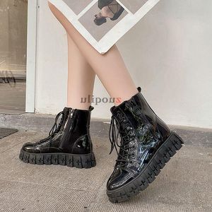 Schwarze Lederplattform Stiefel Frauen Knöchel Schnürung Damen Motorrad Dicke Heel Heels Schuhe S