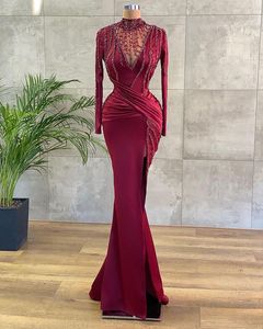 Burgundy Mermaid Prom Dresses Beaded Sequins Sexy Illusion High Split Ruffles Satin Evening Dress Formal Party Wear Long Sleeves Custom Made Second Reception Gown