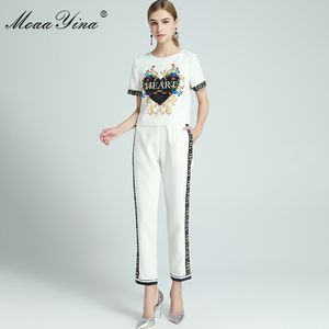 Mode Designer Set Spring Summer Women's Short Sleeve Beaded Letter Floral-Print Blusar Toppar + Byxor Tvådelade Set 210524