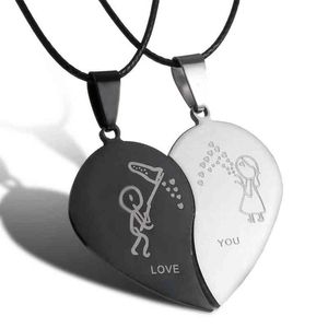 Coppia Collana cuore spezzato Colore argento nero Ragazzi Ragazze Girocollo Acciaio inossidabile Ti amo Catena clavicola Gioielli giorno di San Valentino G1206