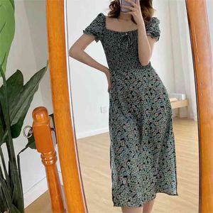 Biały Casual Midi Dress Summer Women Floral Print Holiday Boho Beach Vestidos Slit Sun 210427