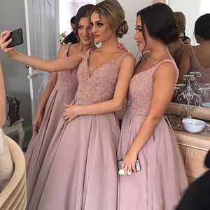 2021 Sparkling Blush Pink Bridesmaid Dresses V Neck Sleeveless High-Low Heavy Beaded Junior Country Bridesmaid Dresses Long Maid Of Honor Dress