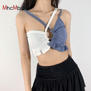 Sexy Bicolor Crop Tops Halter Tank Top Женщины Ribded Off Flog Camisole Летний Пляж Вакунация Cool Backless Sling With 210517