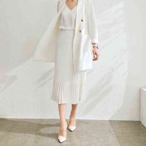 Outono inverno escritório desgaste branco preto saia longa vintage coreano estilo elástico cintura elástica acordeão plissado saia 211120