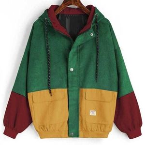 アウターコートジャケットCordurooyパッチワーク特大：秋のジャケットの女性Chaqueta Mujer Ceket Streetwearコートウインドブレーカー211029