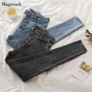 Fashion Button Vintage Black Jeans Donna Autunno Soft High Elastic Waist donna Pantaloni Casual Skinny 11722 210512