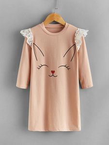 Småbarns flickor Cartoon Rabbit Print Guipure Lace Trim Dress Hon
