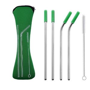 Stainless Steel Drinking Straws Sets With Pouch Bag Straight Bent 215*6mm Colorful Metal Straw with Silicone Tips Cover 6pcs/set