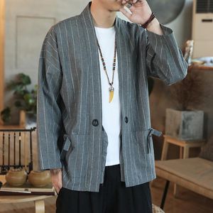 M-5XL Plus-storlek Mäns bomullsblandningar Linne kappa Öppen front Cardigan Kimono-skjortor Spring Japanese Streetwear Vintage Clothing Casual