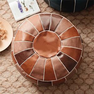 Moroccan PU Leather Pouf Embroider Craft Hassock Ottoman Footstool Round square Artificial Unstuffed Cushion 211203