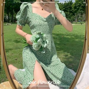 フランスのエレガントなドレス女性秋のシックなシフォンカジュアルパーティー花のドレスカラーパフスリーブドレス韓国人210521