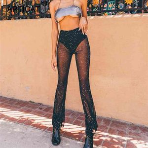 Paillette Trousers Women Shinny Sparkle See Through Pants Summer Streetwear Flare Beach Casual Ladies 210517