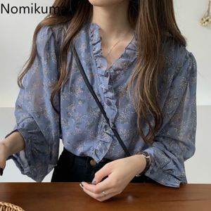 Nomikuma V Boyun Uzun Kollu Çiçek Baskılı Gömlek Ruffles Hafif Şeffaf Bluz Kadın Kore Vintage Blusas Tops 3B374 210514