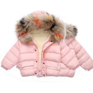 kids winter plus velvet real fur collar down coat with hoodie Christmas cotton outwear girls boys warm stuffed padded children design