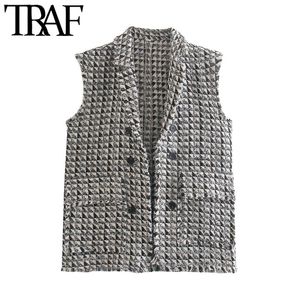 Trafik Kvinnor Mode med Frayed Trim Tweed Waistcoat Vintage Ärmlös Fickor Kvinnlig Waistcoat Chic Toppar 210415