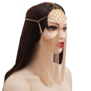 Kvinnor Crystal Beading Masquerade Mask Veil Metal Tassel Face Chain Belly Dance Stage Cosplay Party Headband Boho Festival Hair J