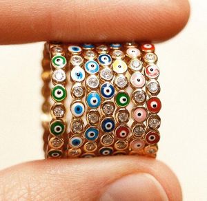 Bohemian Rainbow Evil Eye Rhinestone Filled Gold Rings with Side Stones Vintage Ladies Finger Ring Jewelry For Women in bulk