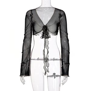 ALLNeon-Tops cortos de malla negra para chica electrónica, camisetas góticas Pastel Y2K con cuello en V profundo y manga acampanada de retazos, trajes sexys