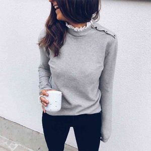 Осень мода твердая блузка женщины вязаные верхние кружева высокая шея кнопка с длинным рукавом пуловер женские пуловер женские топы туники 210518