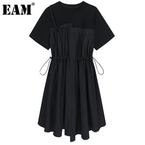 [eam] 여성 블랙 불규칙 Drawstring 큰 크기 드레스 라운드 넥 짧은 소매 느슨한 맞는 패션 봄 여름 1DD8956 21512