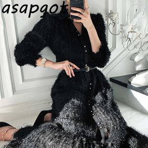 Coreano Chic Temperamento Chic Single-breasted Pesado Patchwork Tridimensional Plus Size Black Lapel Borla Vestido com cinto 210610
