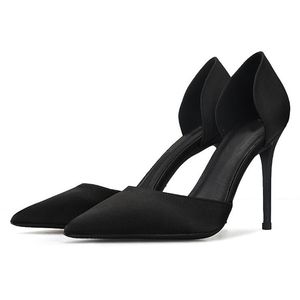 Silk High Heels Shoes Side Empty Low Pointed Toe Sexy Pumps Satin Black Size33 Office Lady Fashion Women s Dress