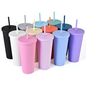 22oz garrafas de água magro tumblers acrílicos coloridos fosco com tampas e palhas de parede dupla plástico RESUÍDO POR ITEM