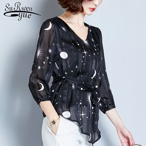 Camicette di chiffon delle donne di modo Camicette eleganti stampate casual Top a maniche lunghe con scollo a V in sette pezzi Abbigliamento 5434 50 210508