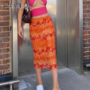 Цветочный принт Y2K милые макси юбки женщины сексуальные хараджуку винтажные оранжевые юбки с прямой