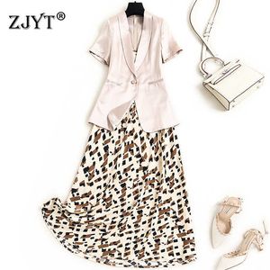 Elegant kontor Lady Summer kostym Kvinnor Notched Short Sleeve Blazer och Midi Print Strap Dress 2 Piece Set 210601