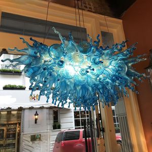 Blue Lamp Pendant Lights Flower Shape LED Bulbs Hand Blown Murano Glass Chandeliers 32 Inches Wide by 20 Inch High